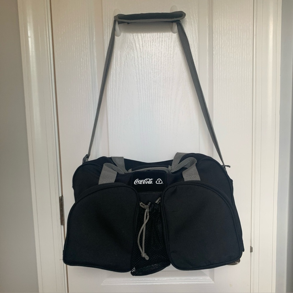 Coca Cola Duffle Gym Travel Bag Black Gray 17x9 Base Shoulder Strap Pockets 2010